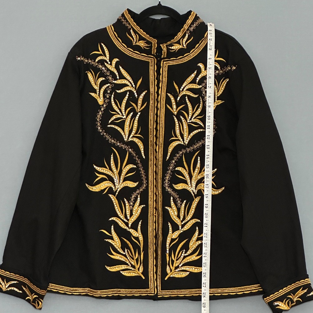 Giclee Womens Jacket Plus 2X Black Gold Embroidered Sequin Mandarin Royal Ornate - Picture 7 of 10